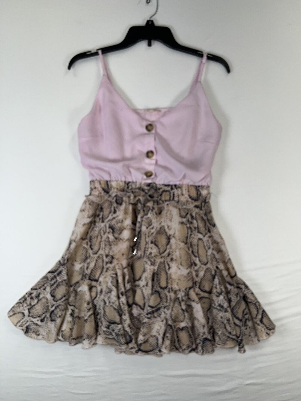 Mainstrip Dress Womens Medium Pink Snake Print Spaghetti Strap Mini Button Front